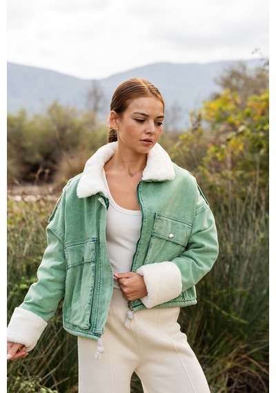 Verdeblanco Kürklü Peluş Yaka Kot Mont Yeşil Yeşil