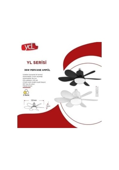 Ycl Yl-525 36 Watt Led Pervane Vantilatör Fan Ampul E27 3 Renkli Siyah Kasa