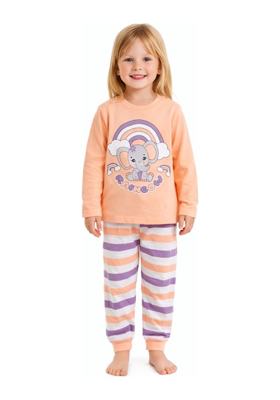 Gökkuşağı Temalı Uyku Bantlı Kız Çocuk Pijama Takımı Beyaz