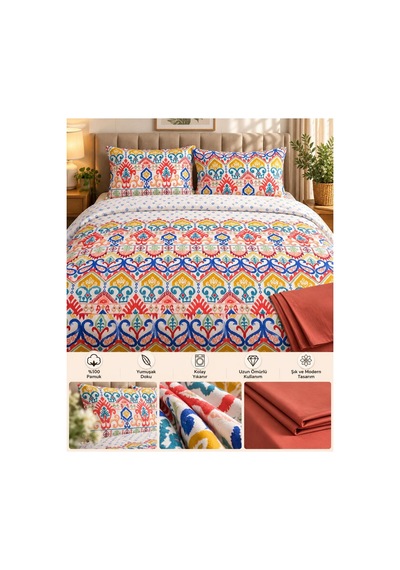 Slc Home %100 Pamuk Şık Tasarım Çift Kişilik Nevresim Takımı 4 Parça Çok Renkli - 938607760 Çok Renkli