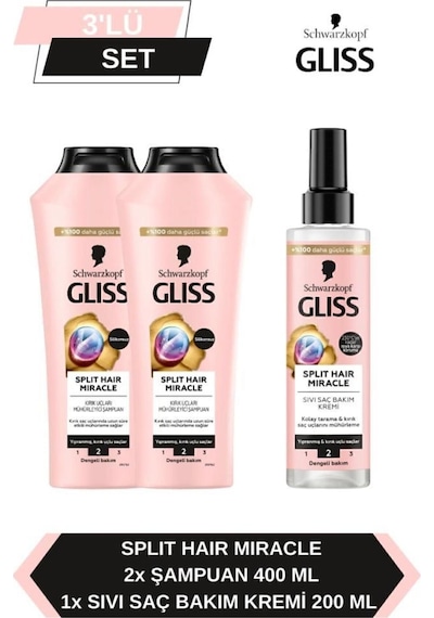 Gliss Split Hair Miracle Şampuan 400 Ml X 2 Adet + Split Hair Miracle Sıvı Saç Kremi 200 Ml set-hnkl-5177-6088