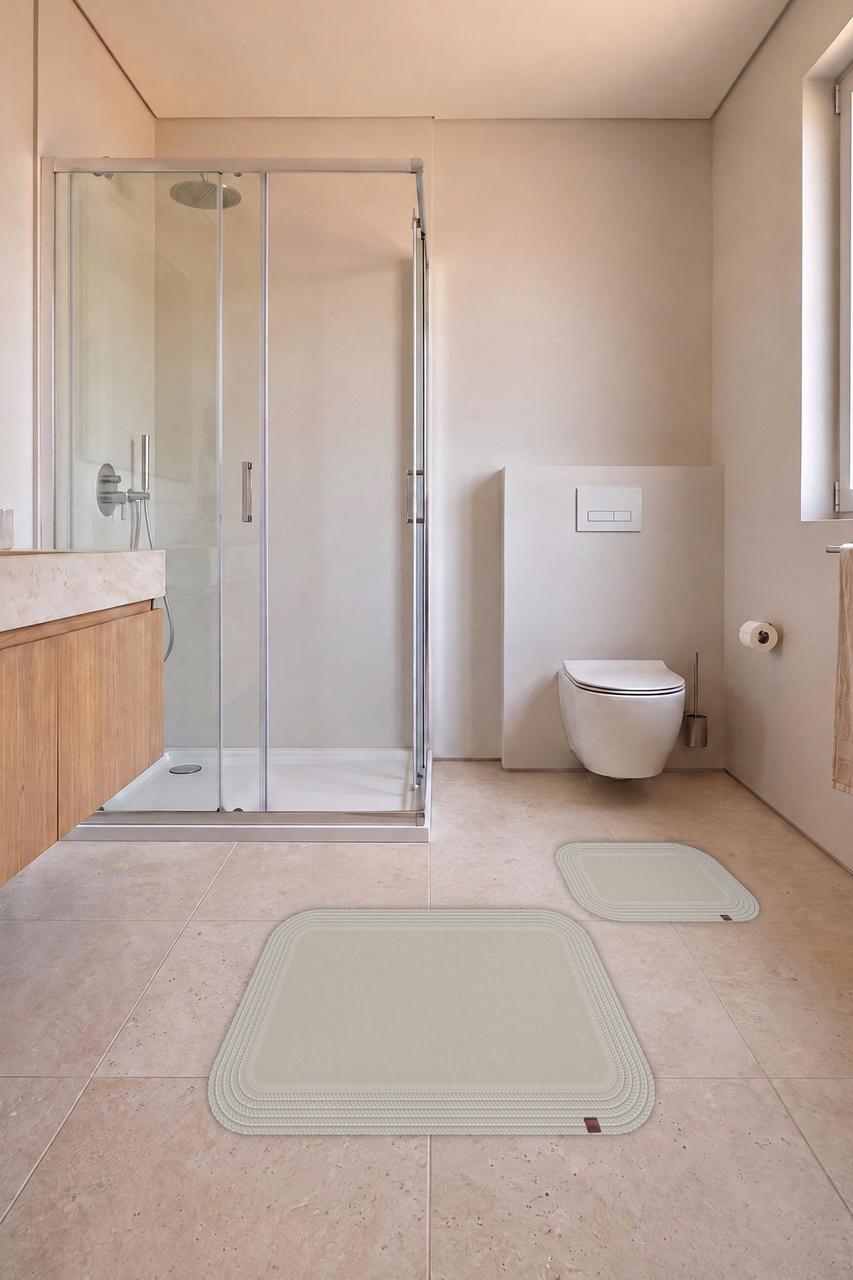 Banyo Paspası Takımı 70x110+50x70 Cm Düz Ekru & Krem