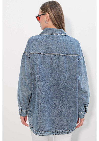 Bigdart Çift Cepli Oversize Denim Buz Mavisi Kadın Ceket 694