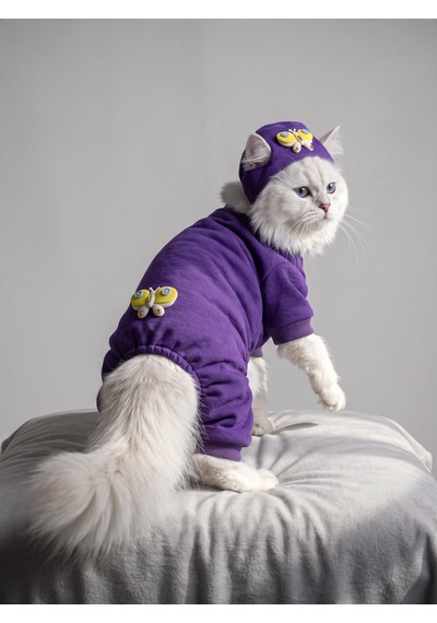 Violet Wings Kedi Bere Ve Tulum Kombini Mor Renk 3d Kelebek Aksesuarlı Penye Kedi Kıyafeti 2 Parça