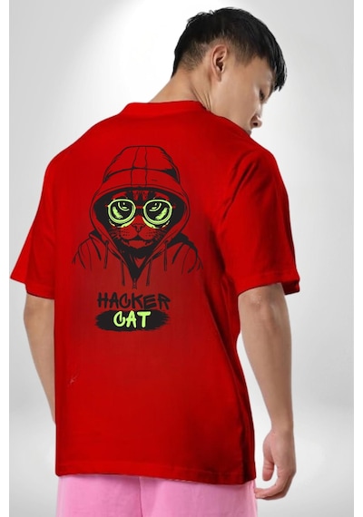 Hacker Kedi Bilgisayar Korsanı Yeşil Gözlük Kırmızı Oversize Unisex Ön Ve Sırt Baskılı Tişört Kırmızı