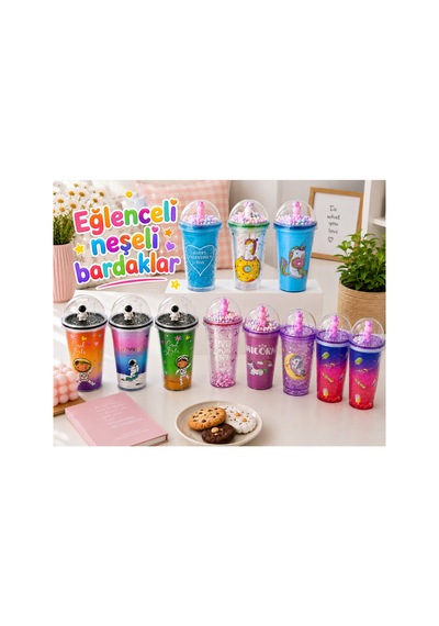 Sevimli Figürlü Kristal Plastik Pipetli Bardak,450 Ml, Özel Tasarım Pipetli Plastik Suluk,matara Pembe