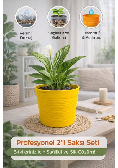 2 Li Saksı Seti 15 Pot Üretim Saksısı + 1,8 Litre Sarı Dekoratif Kırılmaz Saksı Tabaksız Uyumlu