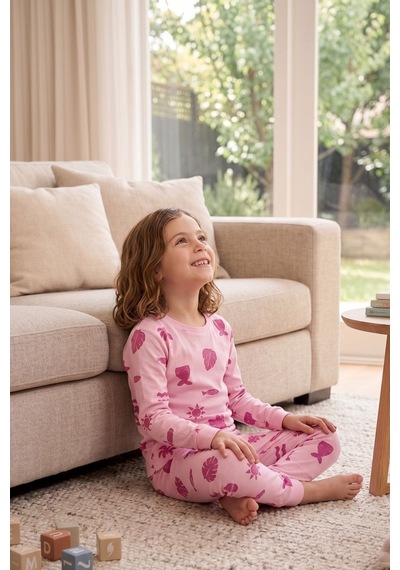 Zuzunga Deniz Temalı Pembe Renk %100 Pamuk Kız Çocuk Pijama Takımı Pudra