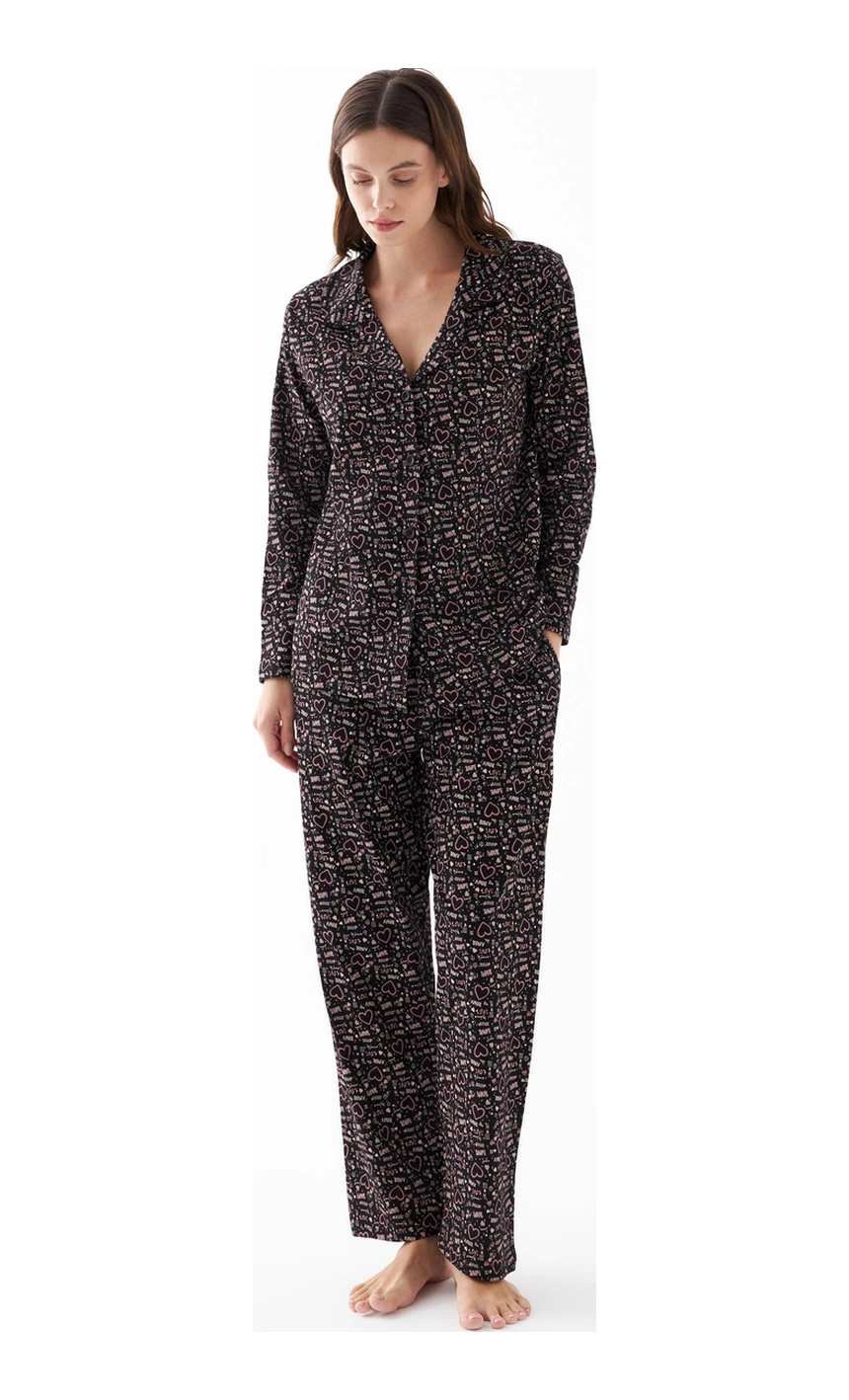 Akbeniz Kadın Siyah Düğmeli Kalp Desenli Pamuklu Pijama Takımı Siyah