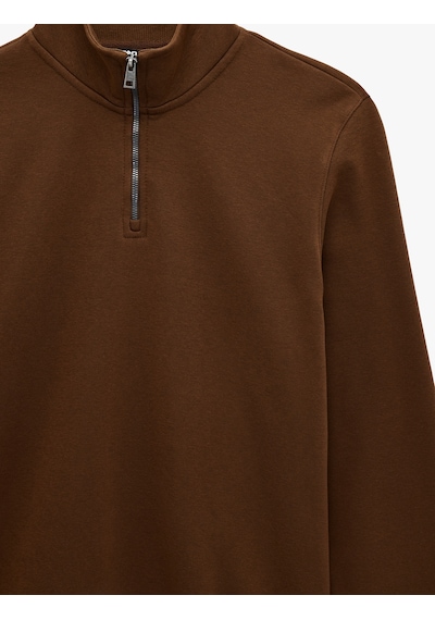 Koton Uzun Kollu Şardonlu Basic Yarım Fermuarlı Sweatshirt Kahverengi 6wam70016mk Kahverengi