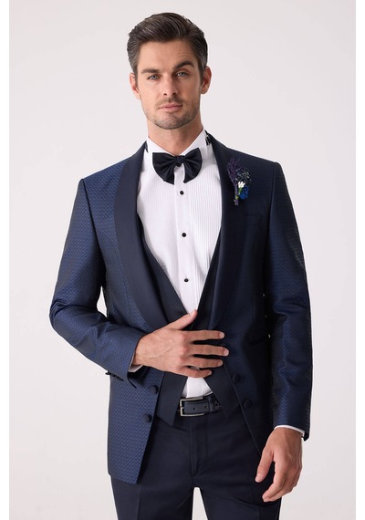 Ysf Erkek Lacivert Yelekli Slim Fit Damatlık