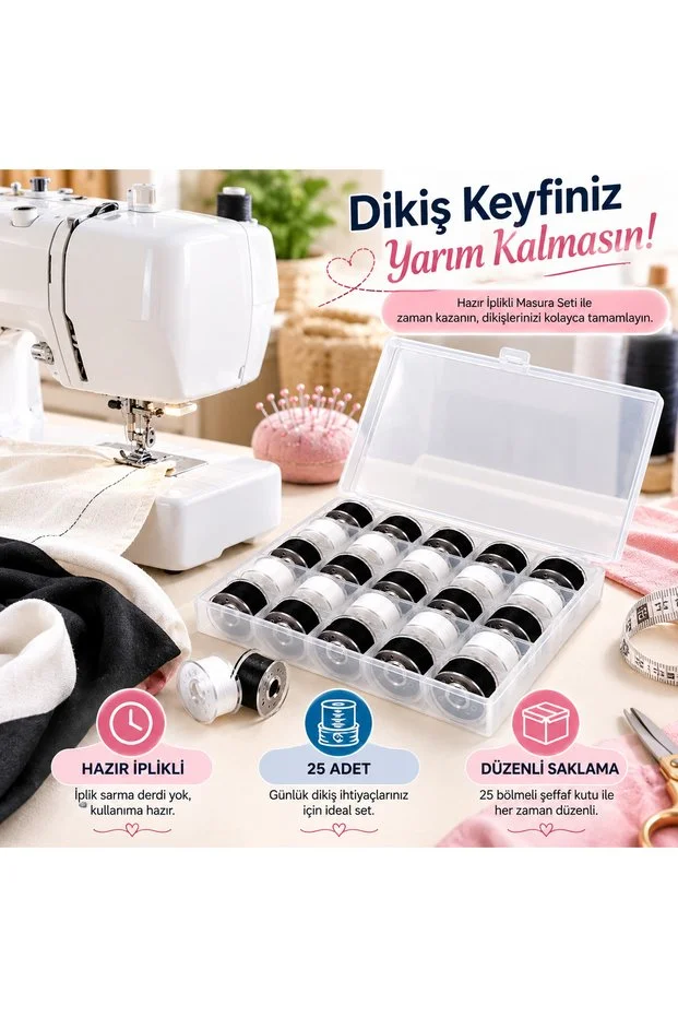 25 Adet Siyah Beyaz İplikli Masura Ev Tipi Dikiş Makinesi İçin Şeffaf Kutulu Set