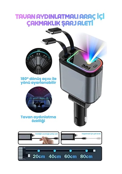 Nivego 66w Araç Çakmaklık Şarj Aleti Rgb Led Işıklı Tavan Aydınlatmalı 4 In1 Çift Kablolu Hızlı Şarj 3.4a