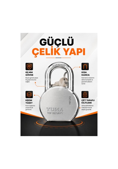 Yuma 65 Mm Kısa Kancalı Çelik Asma Kilit Ym-1265 Anahtarlı Güvenlik Kilidi