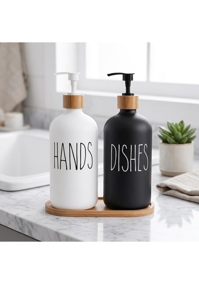 2'li Lüx Cam Sıvı Sabunluk, Mutfak Ve Banyo İçin Modern Cam Sıvı Sabunluk, Doldurulabilir Ve Pompalı Trend Desenli Siyah