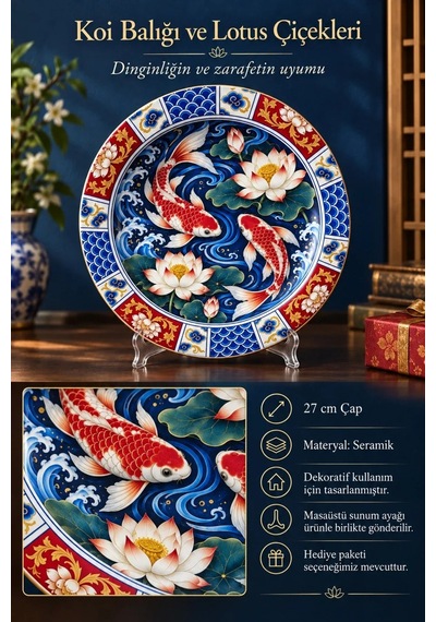 Dekoratif Duvar Tabağı - Koi Balığı Ve Lotus Çiçekleri - Dekorlu Seramik Tabak