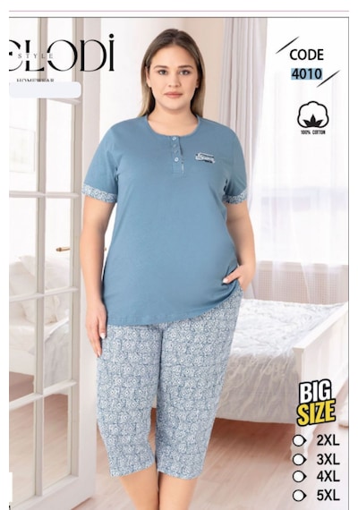 Melodi 4010 Kısa Kol %100 Pamuk Kapri Kadın Pijama Takımı V1 Mavi