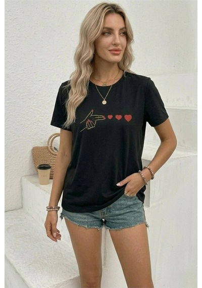 Kadın Minimal Kalp İşaret Baskılı Tişört Kısa Kol Yazlık T-shirt - Siyah