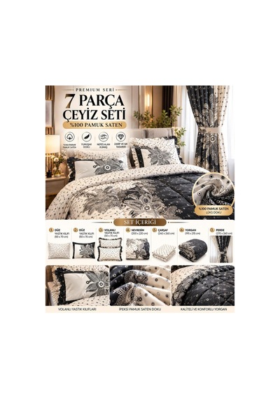 Slc Home 7 Parça Pamuk Saten Çeyiz Seti Siyah/beyaz Çiçek Desenli Çift Kişilik Perdeli Siyah - 938532876 Siyah