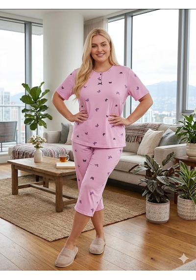 Büyük Beden Kısa Kol Kapri Yumuşak Tuşeli Likralı Örme Pijama Takımı 8649 Lila
