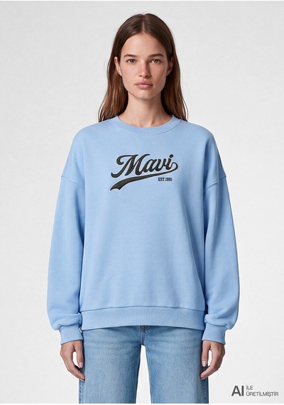 Logo Baskılı Sweatshırt Puslu Mavi