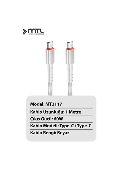60w Pd Type-c To Type-c Örgülü Ultra Hızlı Şarj Ve Data Kablosu 1 Metre Beyaz Mt2117