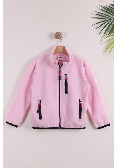 Monox Çocuk Lastik Manşetli Fermuarlı 3 Cepli Unisex Polar Ceket Pembe