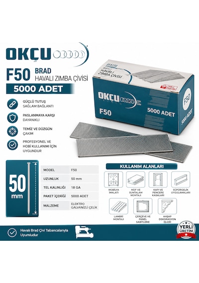 Okçu F50 Brad Havalı Zımba Çivisi 5000 Adet 50 Mm