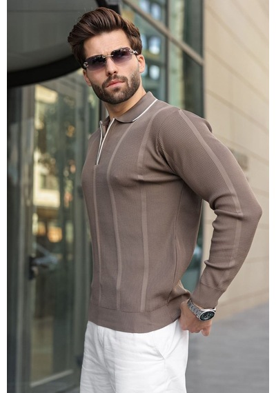 Madmext Açık Kahverengi Polo Yaka Yarım Fermuarlı Fitilli Erkek Triko Kazak E7515 Madmext Açık Kahverengi Polo Yaka Yarım Fermuarlı Fitilli Erkek Triko Kazak E7515