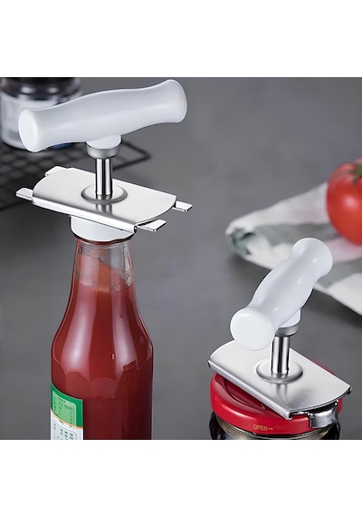 Pratik Kavanoz Ve Şişe Kapak Açacağı - Beyaz Paslanmaz Çelik, Ayarlanabilir, Ergonomik Tutma Saplı Çok Renkli