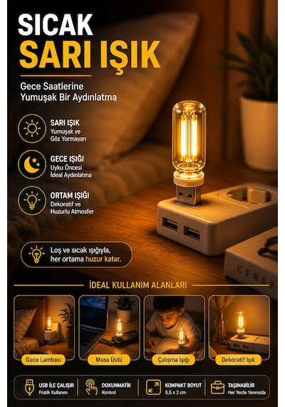 Usb Led Gece Lambası Sarı Işık Dokunmatik Mini Taşınabilir Lamba Laptop Powerbank Araç İçi 6,5 Cm 5v