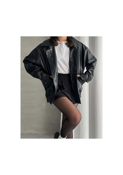 Meecy Unisex Oversize Vintage Siyah Deri Ceket Siyah Siyah