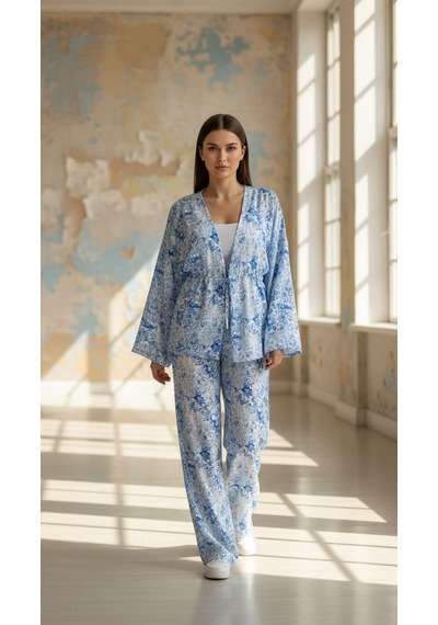 Divinus Kimonolu 5'li Pijama Takım Açık Mavi - Beyaz