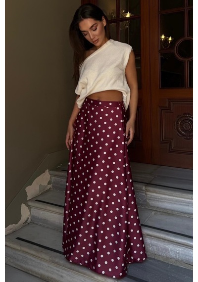 Seeh Bordo Puantiyeli Maxi Kadın Saten Etek Sh385 Düz Renk