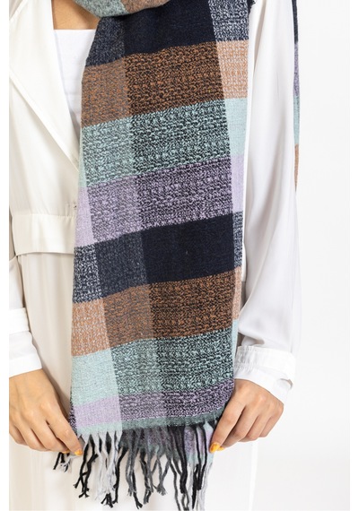 Ladycolor Ekoseli Yünlü Omuz Şalı - 70x200 Cm - Dayanıklı Akrilik Kahve