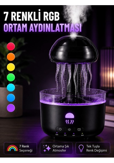 Dekoratif Denizanası Efektli Hava Nemlendirici Rgb Gece Lambalı Ultrasonik Buhar Cihazı Siyah