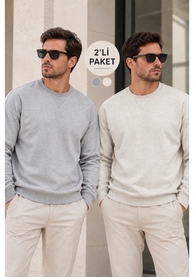 Polo State Erkek 2 Li Paket Bisiklet Yaka Basic Günlük Sweatshirt Gri & Kar Melanj Gri Melanj