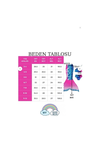 My Kids Wear Parlak Renkli Deniz Kızı Mayo Kostümü 3'lü Set 0406 Mavi