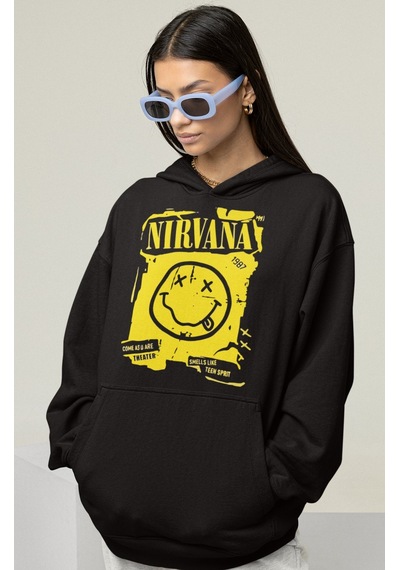 Sevbano Tasarım Nirvana Rock Metal Müzik Grubu Baskılı Unisex Oversize Ho Siyah