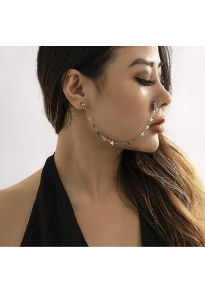 Girift Vintage Yıldız Detaylı Kulak Ve Burun Zinciri - Hint Hızması Gri