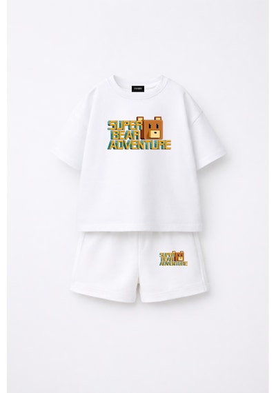 Fasardi Super Bear Adventure Süper Ayı Baskılı Oversize %100 Pamuk Tişört Şort 2li Çocuk Takım Beyaz