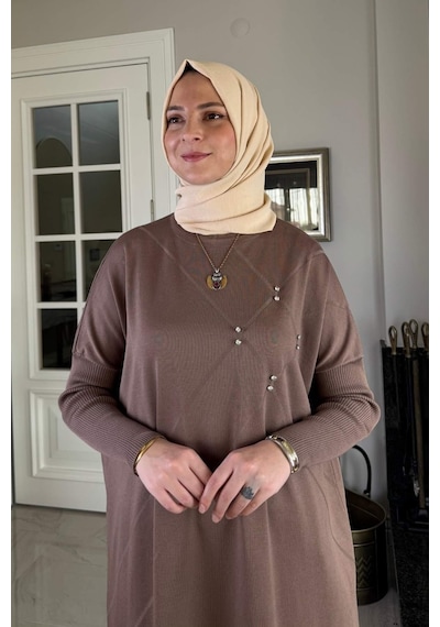 Rabia Şamlı Melda Triko Tunik Sütlü Kahve Çok Renkli
