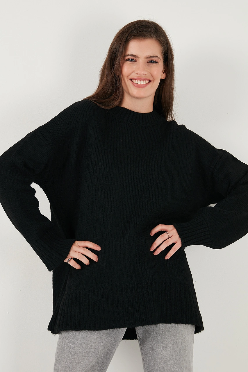 Lela Regular Fit Bisiklet Yaka Basic 2'Li Paket Triko Bayan Kazak 4616213S2 Haki-Siyah