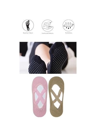 2 Adet Kadın Kaydırmaz Tabanlı Yoga Pilates Fitness Dans Ve Spor Çorabı Pembe - Bej