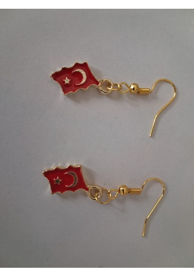 Set Kolye, Küpe, Makrome Bileklik Ay Yıldız, Türk Bayrağı, Kırmızı Boyalı, Tek Yüzlü Hediye Ambalajlı