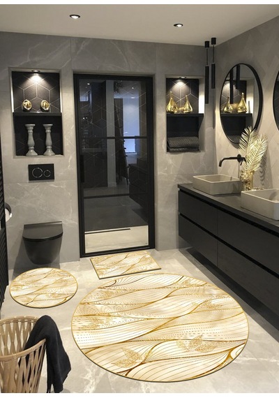 Okyanus - Gold, Kaymaz, Pamuk Dokuma Taban Banyo Halısı-100X100 - 60X60 - 40X60 Cm (3'Lü Set) Çok Renkli