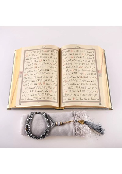 Şal + Tesbih + Kuran Hediye Seti Hafız Boy, Kadife, Şems Lafzatullah, Gri