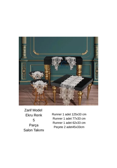 Salon Takımı 5 Parça Dantelli Masa Örtüsü Runner Seti Çeyizlik Zarif Model No 96801 Krem Çok Renkli