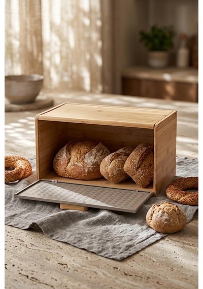 Atbyhome Çift Açılır Kapaklı Doğal Bambu Ekmek Kutusu 35.5x23.5x21 Cm - Mat Metal Kapaklı Tezgah Üstü Ekmeklik Gri