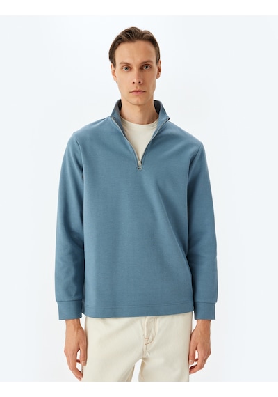 Koton Uzun Kollu Pamuklu İnterlok Kumaş Yarım Fermuarlı Sweatshirt Mavi 5sam70002mk Mavi